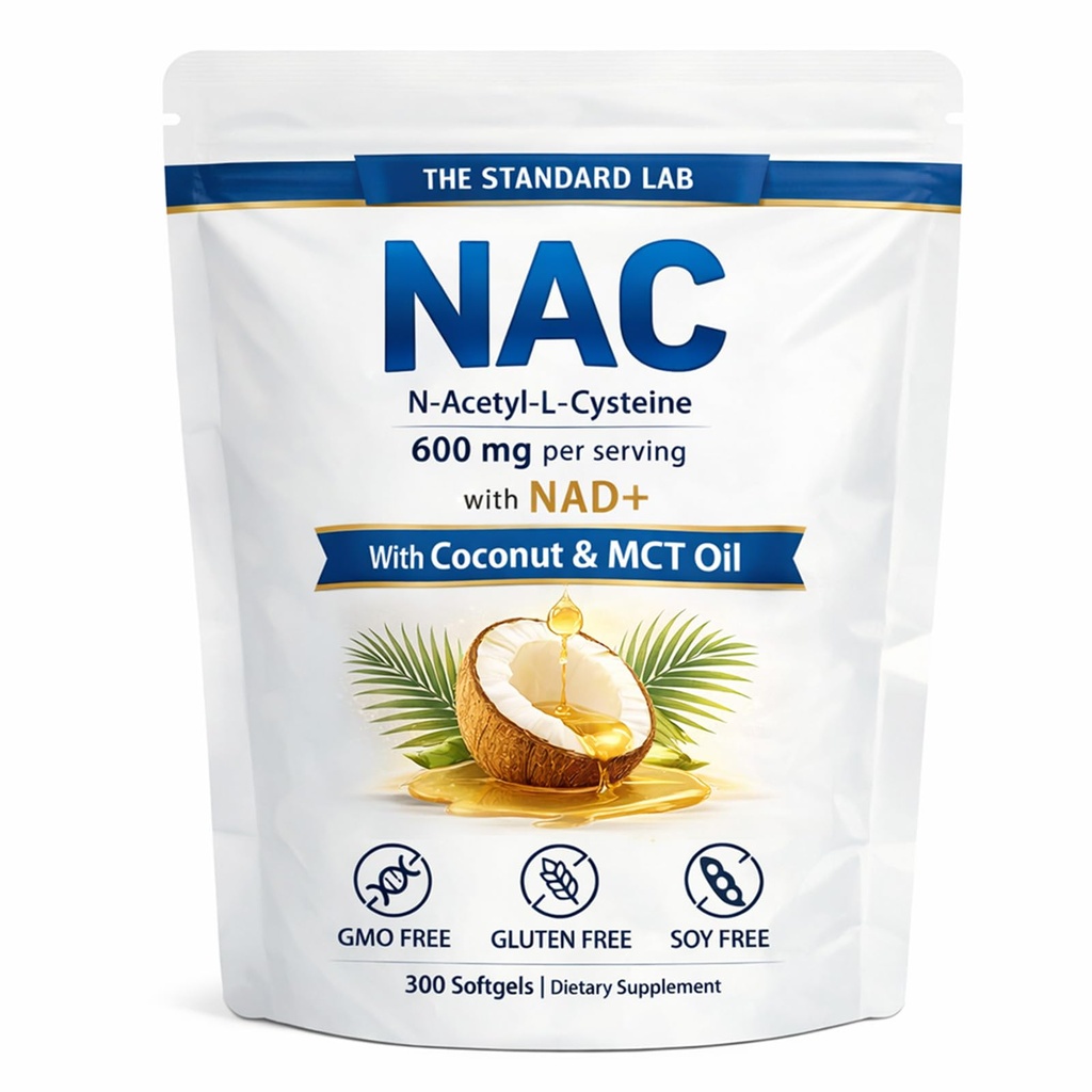 Štandardné laboratórium NAC 600mg s NAD+ Daily Complex, N-Acetyl Cysteine Supplement Kapsule, Antioxidant Support Formula, Vegan, Non-GMO, Gluten Free, 300 Softgels