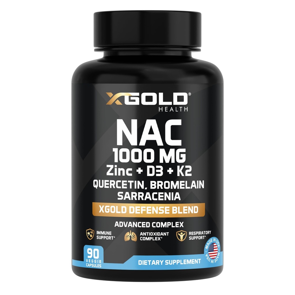 XGold Health NAC 1000 mg s Quercetinom 95%, Hypromelóza, zinok, vitamín C, D3 & K2 Imunitná podpora a antioxidant doplnok Advanced Defense Blend 90 Veggie Kapsule