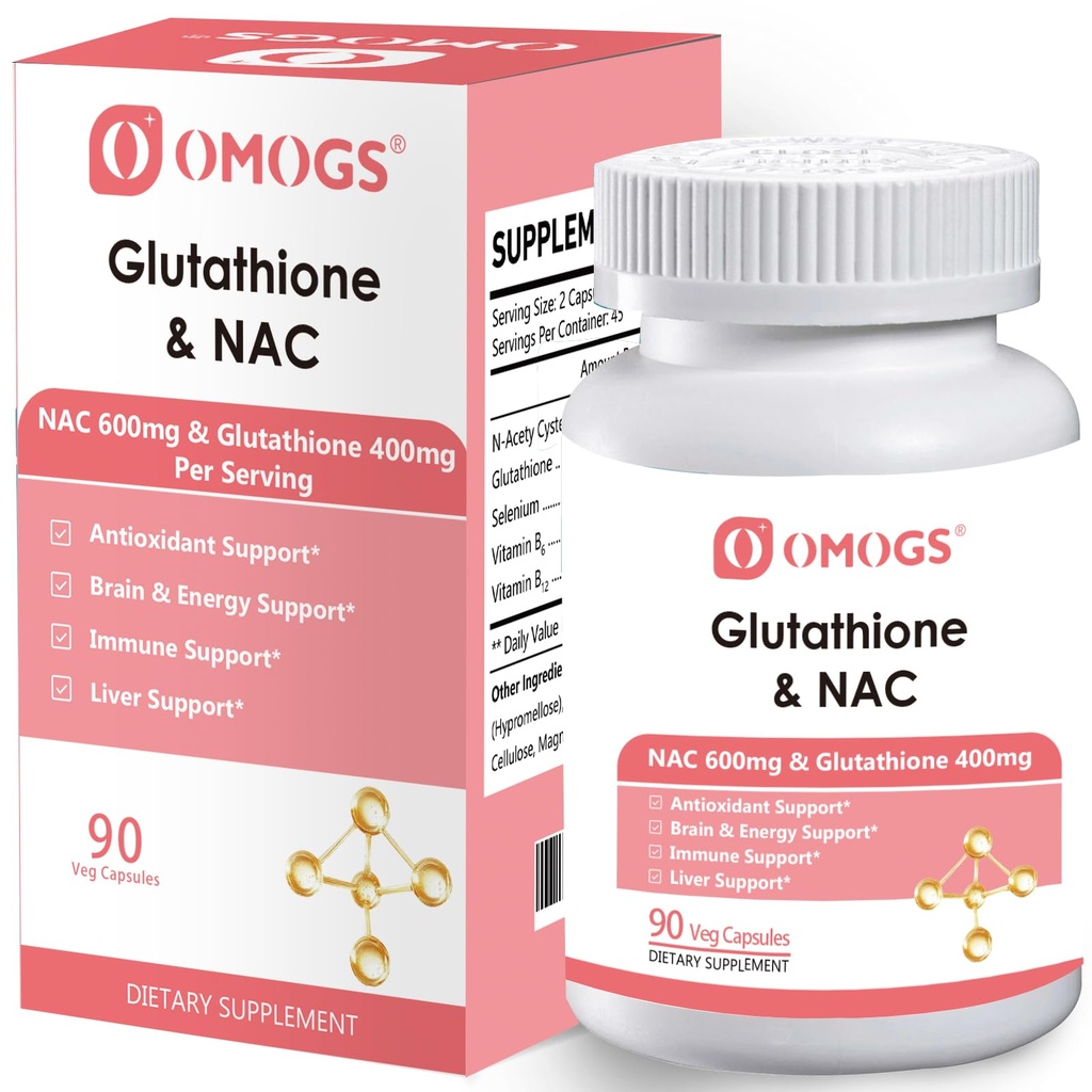 OMOGS Glutatión & NAC Supplement, s vtamin B & Selenium, podporuje zdravie pečene, Cellular, Antioxidant, Výroba energie a immune, Vegan & Gluten-free, 90 Veg kapsule.