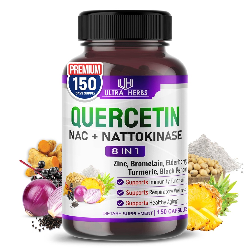 Quercetin Supplement s hypromelínom, vitamínom C a zinkom, Nattokinázou, NAC, bazami, bazami 8 v 1 Ultra Antioxidant Complex pre Immune Health 150 Kapsule