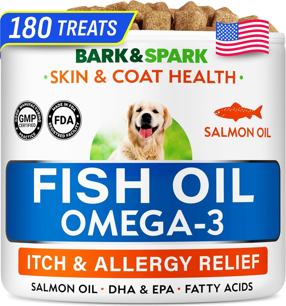BARK&SPARK Omega 3 pre psy - 180 Fish Oil Treats for Pes Shedding, Kožné alergie, Svrbenie Relief, Hot Spots Liečba - Spoločné zdravie - Skin and Coat Supplement - EPA & DHA Mastné kyseliny - Psie lososový olej