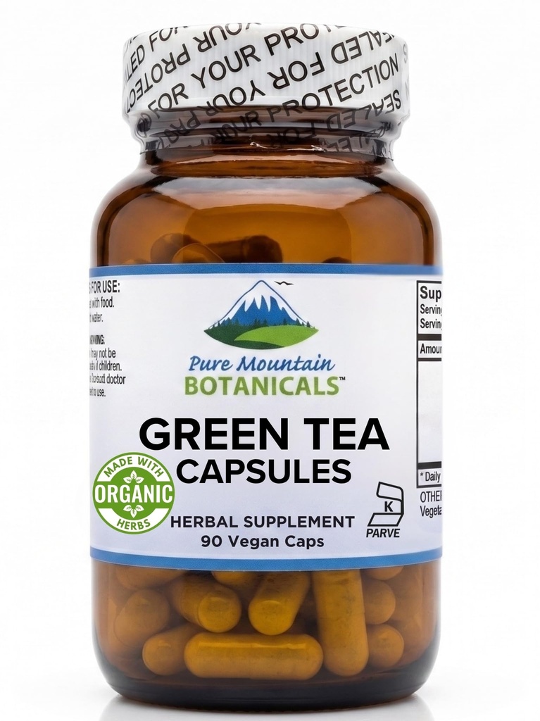 Zelený čaj Kapsule - 90 Kosher Vegan Caps s 450mg Organic Full Spectrum a Pure Green Tea Extract
