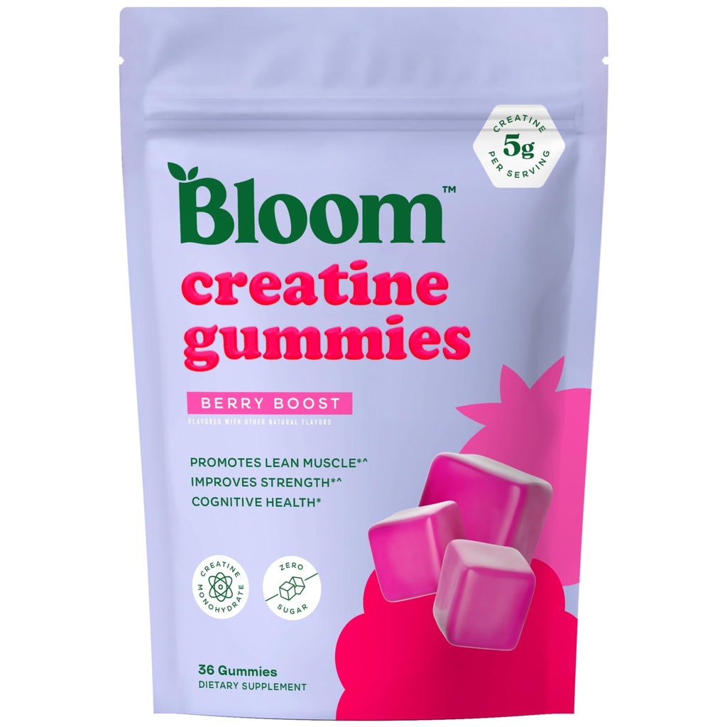 Bloom Creatin Monohydrate Gummies, 5g Per Serving, bez cukru Kreatin Gummy pre cvičenie, sila, kognitívne zdravie a štíhle svalovej podpory, Gluten Free & Non GMO, Berry Boost, 36 Gumies, 12 SVG