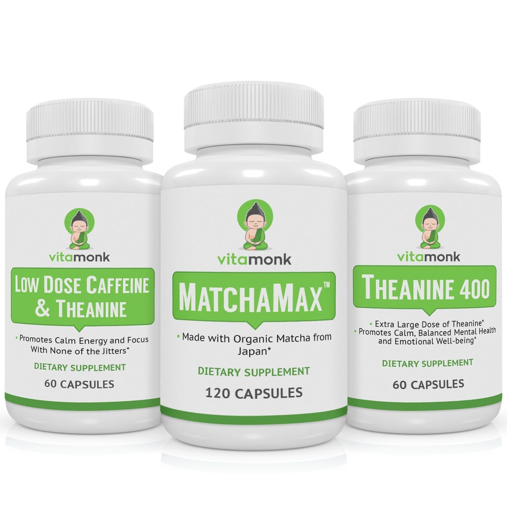 VitaMonk Matcha, nízkodávkový kofeín a teanín Bundle - pokojná, zameraná energia bez nervozity