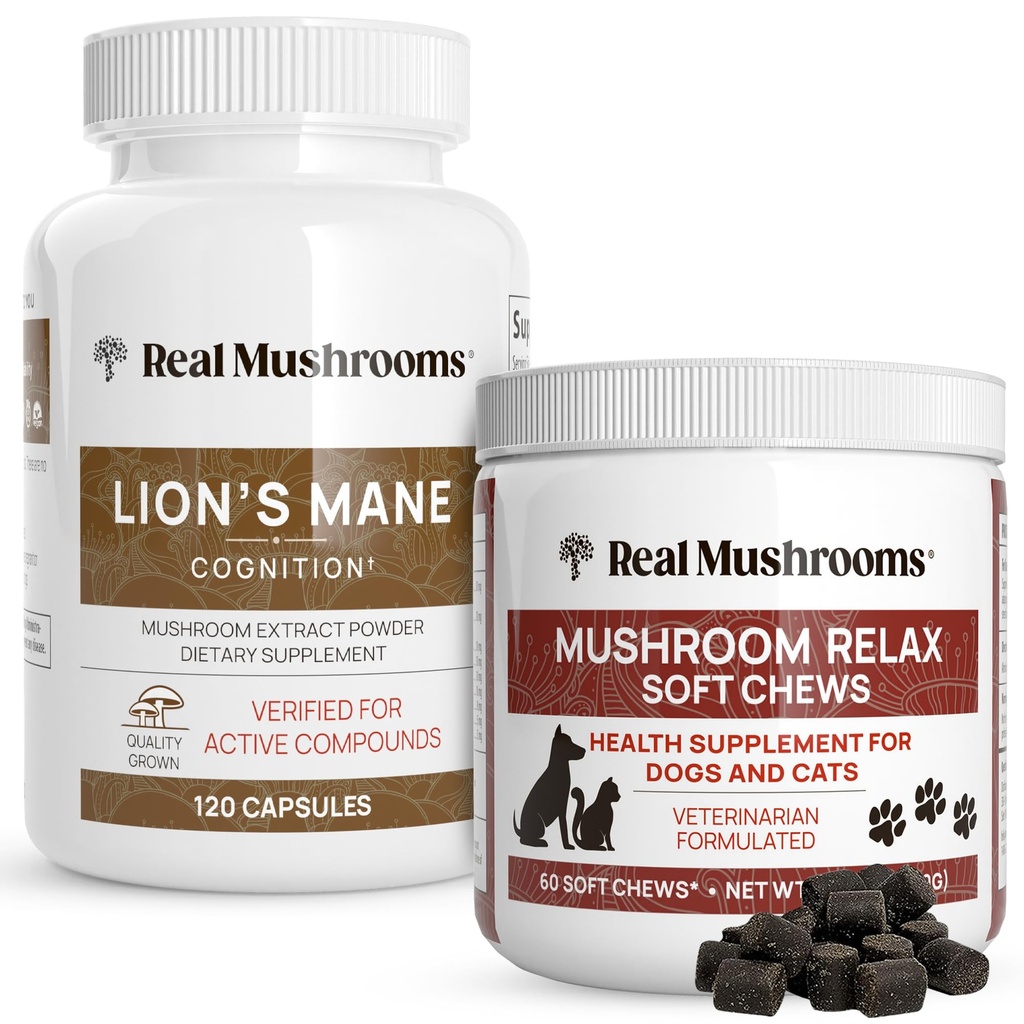 Skutočné Huby Leví Mane pre ľudí (120ct) & Huba Domáce zvieratá Relax Chews (60 Žuvačky) - Bundle pre kognitívne a relaxačné - Vegan, Non-GMO, Gluten-free, Grain-free Mushrom Extract Supplements