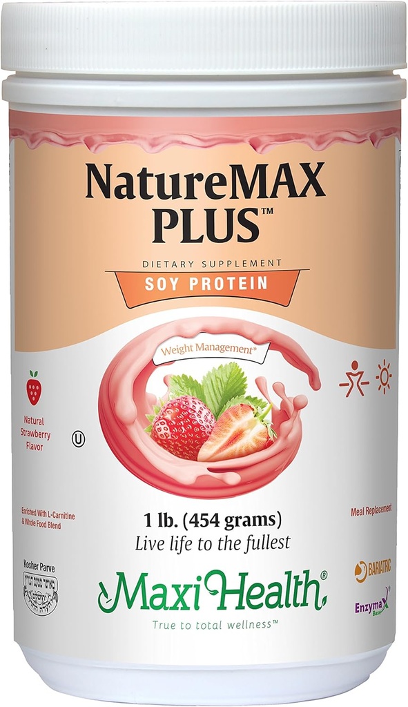 Maxi-Health NatureMAX PlusTM Podpora energie Nápoje Sójový proteín prášok - bezcukrová diéta doplnok - 20g Bielkoviny na porciu - Prírodná jahodová príchuť - Kosher Vitamín - 1lb