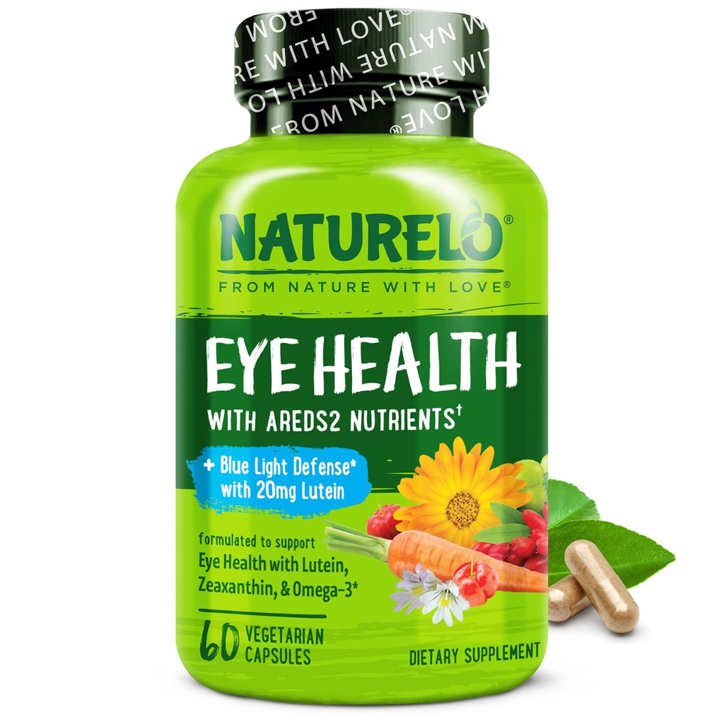 NATURELO Očné vitamíny - AREDS 2 Vzorec Nutrienty s luteín, Zeaxantín, Vitamín C, E, Zinok, Plus DHA - Dodatok pre suché oči, zdravé videnie, podpora očí - 60 Vegánskych kapsúl