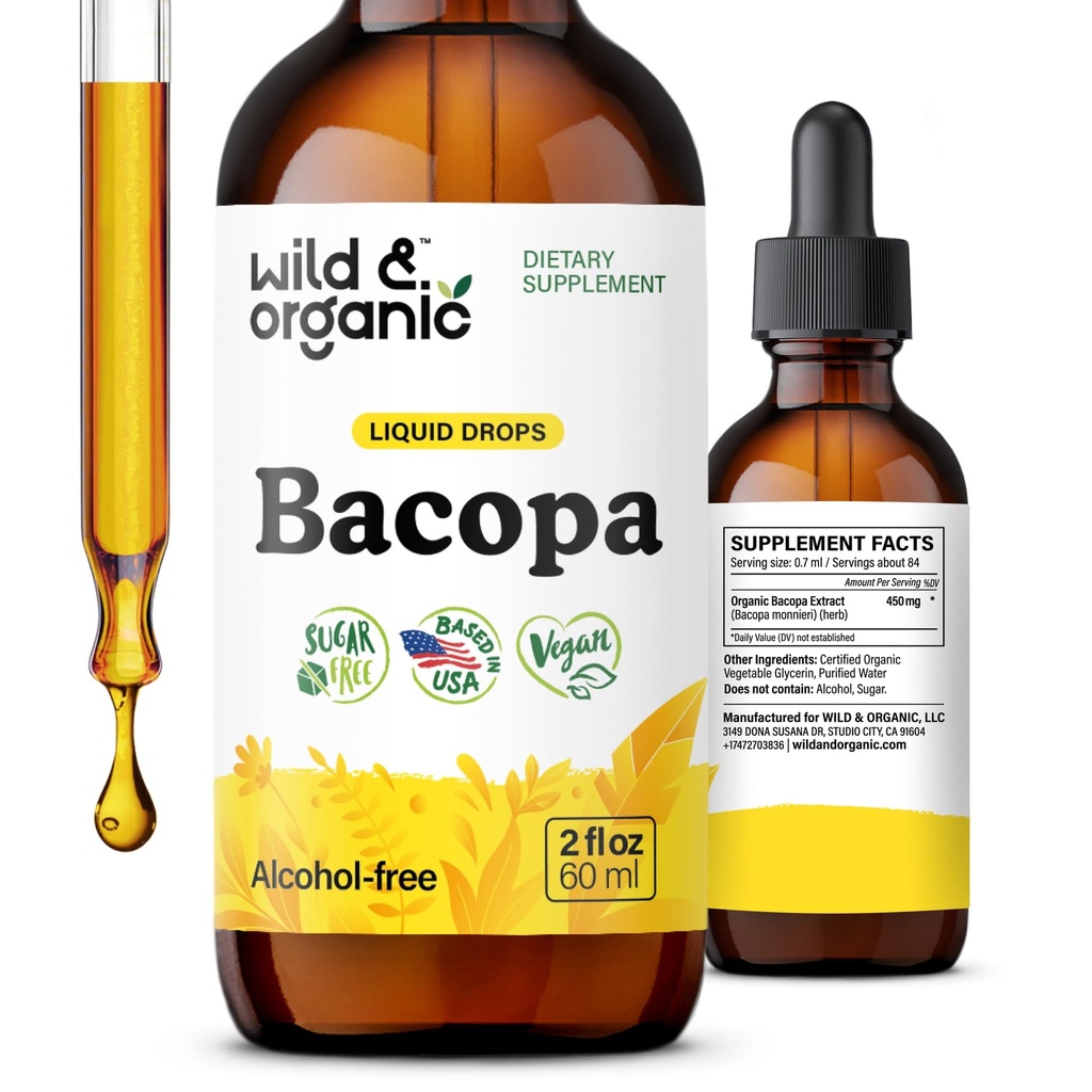 Wild & Organic Bacopa Tinture - podporuje pokoj, zameranie, jasnosť - Bacopa Monnieri Supplement Liquid - Bezalkoholové kvapky s extraktom Brahmi - Vegan, bez cukru - 2-Month Supply - 2 fl oz