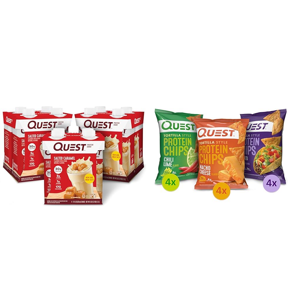 Quest Protein Shake Salted Caramel 4 Count(Pack of 3) and Tortilla Style Protein Chips Variety Pack Nacho Cheese Loaded Taco Chili Lime 12 Count