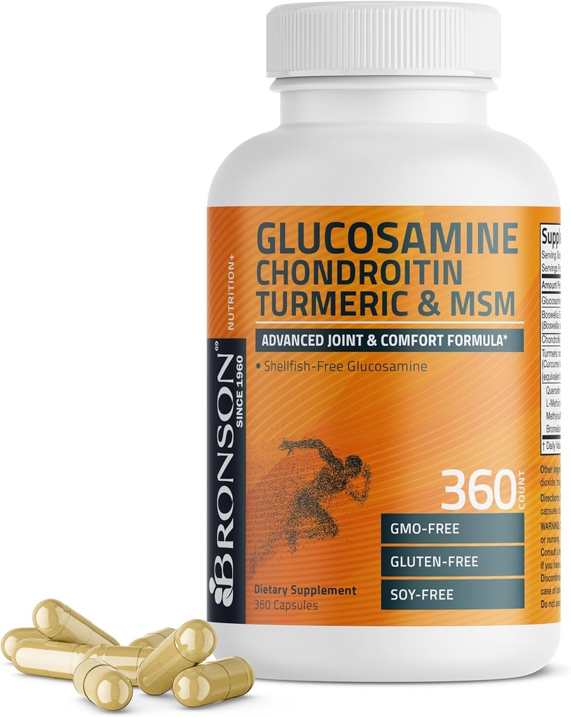 Bronson Glukozamín Chondroitin Turmeric & MSM Advanced Joint & Cartilage Formula, podporuje zdravé kĺby, Mobilita a Kartilage - Non-GMO, 360 Kapsule
