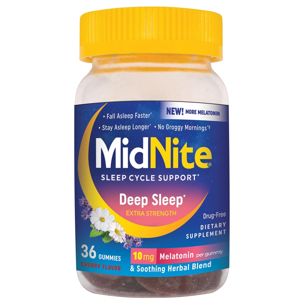 MidNite Hlboký spánok Extra sila, 10 mg Melatonin Sleep Aid, Non-Habit Forming, Bylinné diétne doplnky pre dospelých, bez drog, Gluten-Free, Bez laktózy, Vegetarián-Friendly, 36 Gummies