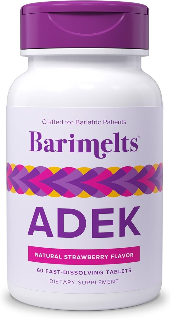 Barimelts ADEK - 60 Rýchle rozpúšťacie tablety (2-Mesačné zásobovanie) - Bariatrické vitamíny bez cukru pre ženy vrátane vitamínu A, vitamínu D, vitamínu E a vitamínu K, prírodnej jahodovej arómy