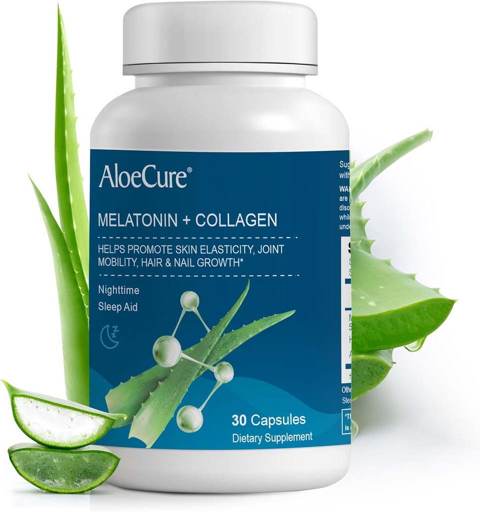 AloeCure Natural Melatonin + Collagen s organickým Aloe Vera - Natural Sleep Aid Supplement for Restful Nights - Kolagénový komplex pre spoločné sily, pružnosť kože, rast vlasov a nechtov, 30 Kapsule