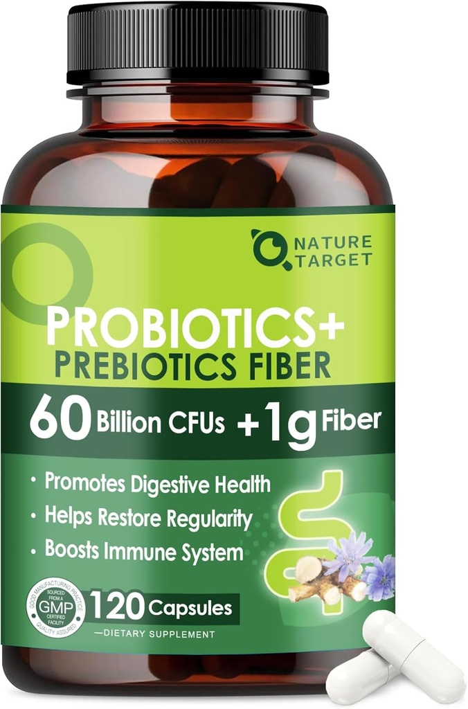 Probiotiká pre ženy a mužov Tráviace zdravie s prebiotickými vláknami - Fiber Supplement with 60 Million Probiotic for Regularity & Gut Cleanse - Podpora Príležitostná zápcha - 120 Veggie Kapsule
