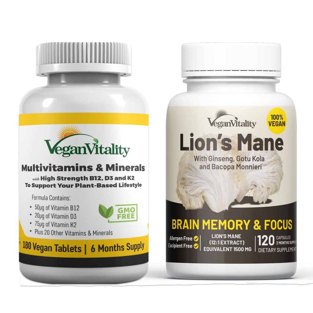 Vegan Vitality Brain Nutrition Bundle - Lions Mane Nootropic Kapsule a Vegan Multivitamíny. High Strength Plant-Based Doplnky pre pamäť a zameranie a celkové zdravie Veganov a Vegetariánov