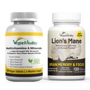 Vegan Vitality Brain Nutrition Bundle - Lions Mane Nootropic Kapsule a Vegan Multivitamíny. High Strength Plant-Based Doplnky pre pamäť a zameranie a celkové zdravie Veganov a Vegetariánov