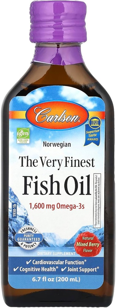 Carlson Veľmi najjemnejší rybí olej, 1600 mg Omega-3s, zmiešané Berry Flavor, 200 ml 