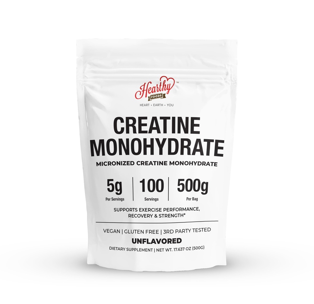 HEARTHY FOODS Kreatín Monohydrát Mikronizovaný prášok 500G - 100 Servírovanie, 5000mg na obsluhu (5g) - pre mužov a ženy rast a zotavenie svalov - NEFLAVORED