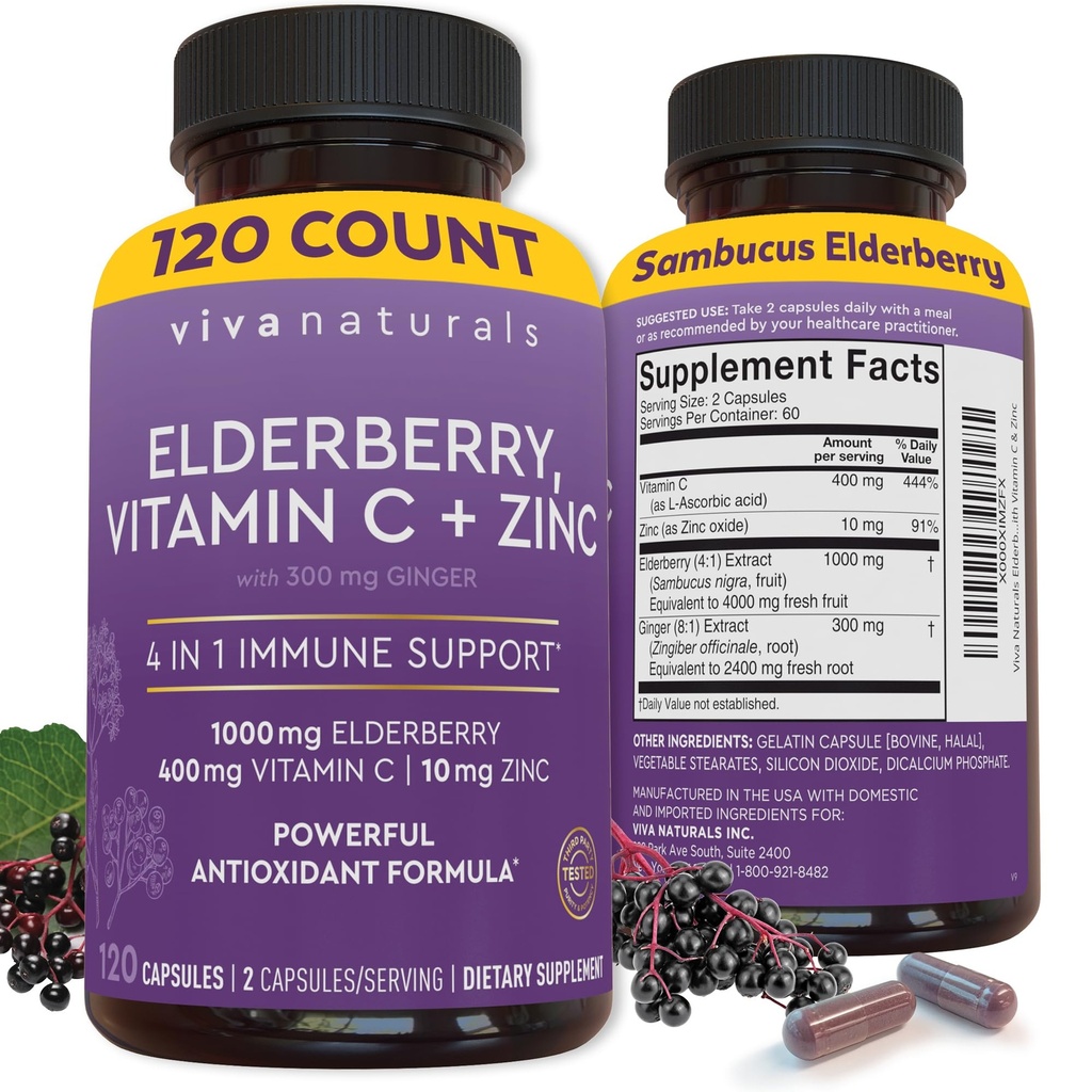 Viva Naturals Elderberry s vitamínom C a zinkom (120 Kapsule) - 1000mg Sambucus Elderberry Imunitná podpora Supplement, Black Elderberry Kapsule pre dospelých, Vitamíny pre bazy - 2 mesiace