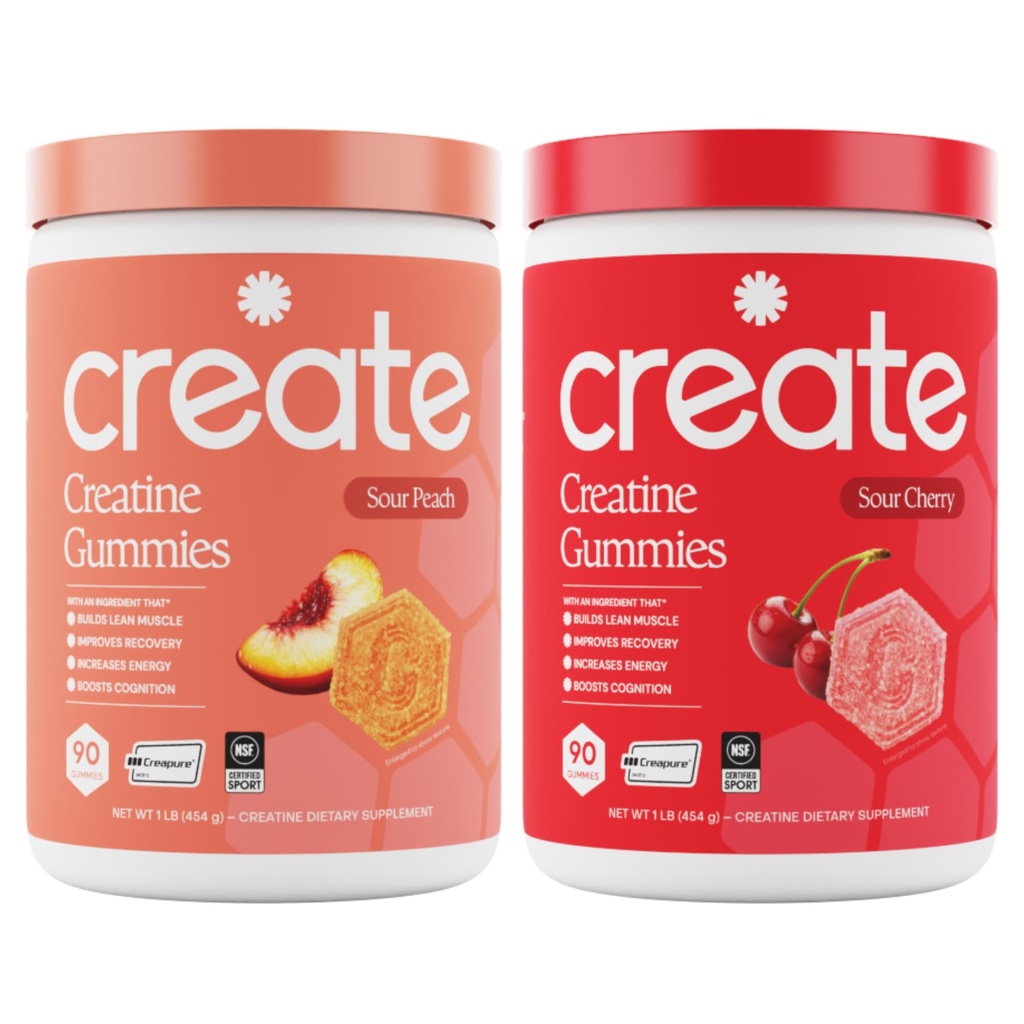 Creatin monohydrate Gummies - Peach Pump Duo - Kyslá broskyňová a kyslá čerešňa - Kreatín Gummy pre ženy a mužov, NSF Certified, 3. Party tested, Anti-Melting Formula, 180 Počet (2-Pack)