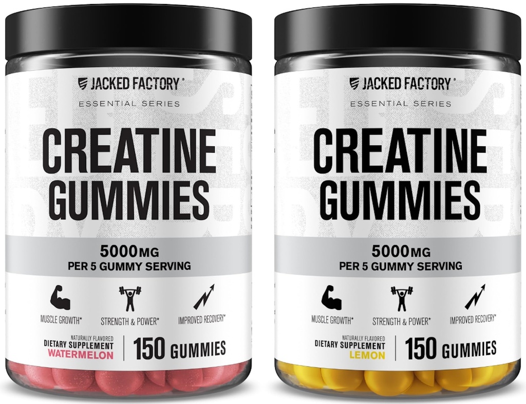 Jacked Factory Kreatín Monohydrát Gummy 5g Denná dávka (1g na Gummy) - Kreatín Gummy pre mužov a ženy, Vegan-Priatelia, Cestovanie-Priateľne, Tretia strana testované - 150 Gumies, Vodný melón a citrón