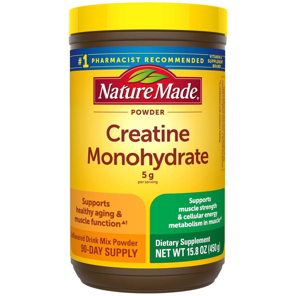Nature Made Micronized Creatin Monohydrate Powder 5 g per Serving, Neochutený nápoj Mix prášok, Podpora svalov, 450 g, 90 dní