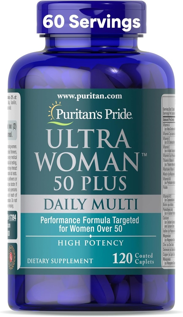 Puritánska pýcha Ultra Woman 50 Plus High Potency Performance Time Release Daily Multivitamín so zinkom, Dietary Supplement for Healthy Aging & Cellular Energy Production, 2 Month Supply, 120 Count
