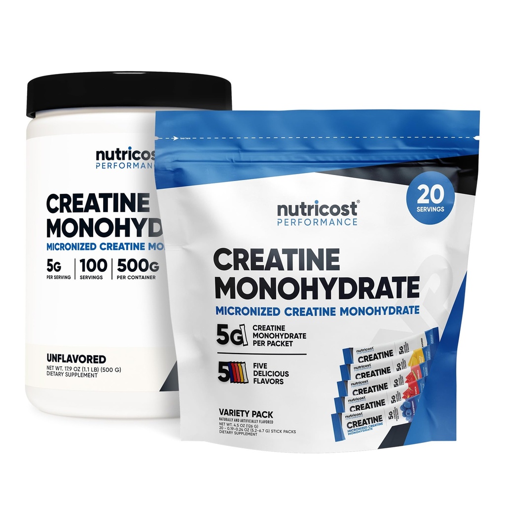 Nutricost Mikronizovaný Kreatín monohydrát 500 Grams a 20 Stickpacks (Variety) Bundle