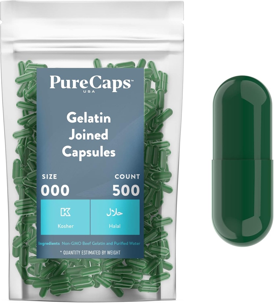 Purecaps USA - Empty Gelatin Pill Capsules Size 000| 500 Joined Pills| Green| Non-GMO Certified | SLS, Gluten, Preservative Free