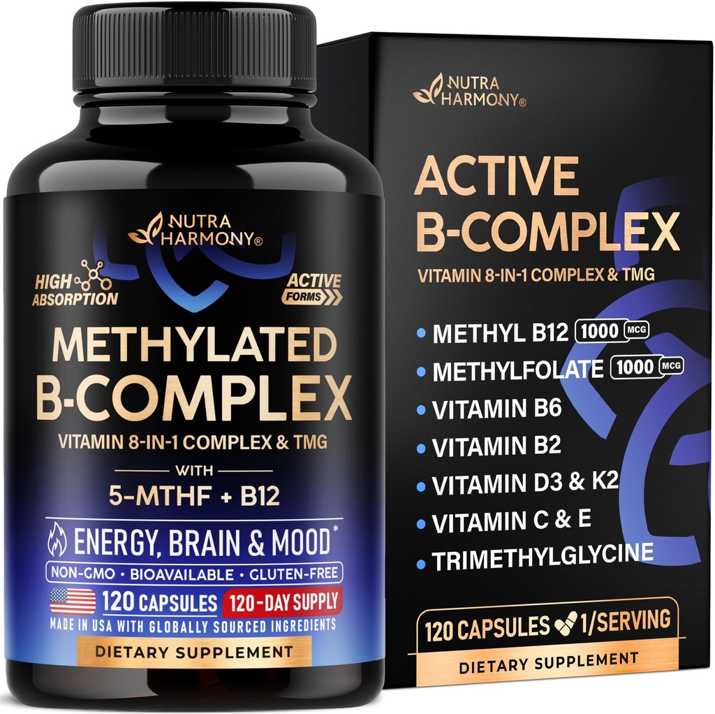 Vitamín B Complex Metylated - B- Complex with Methylfolate & B12 - Biodostupné pre mužov a ženy - 9-in-1 Metylated Multivitamín - Energy, Brain & Mood - Vegan - Made in USA - 120 Kapsule, One/Day