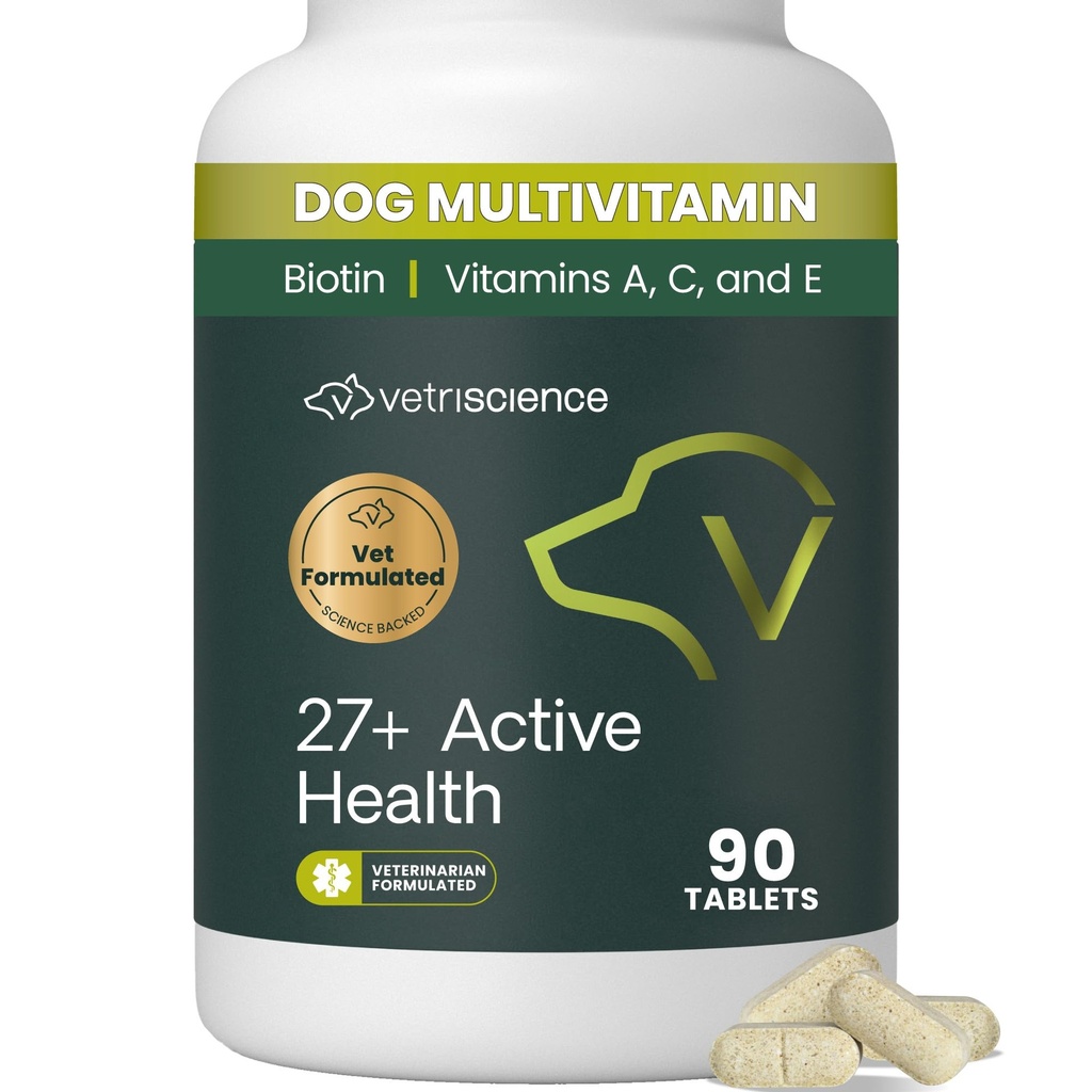 VetriScience 27+ Aktívne zdravotné žuvacie tablety, Canine Plus Daily Multivitamín pre šteňatá a dospelé psy, vyvážené vitamíny, minerály a antioxidanty, Zdravie a Wellness podpora, Duck, 90 Počet