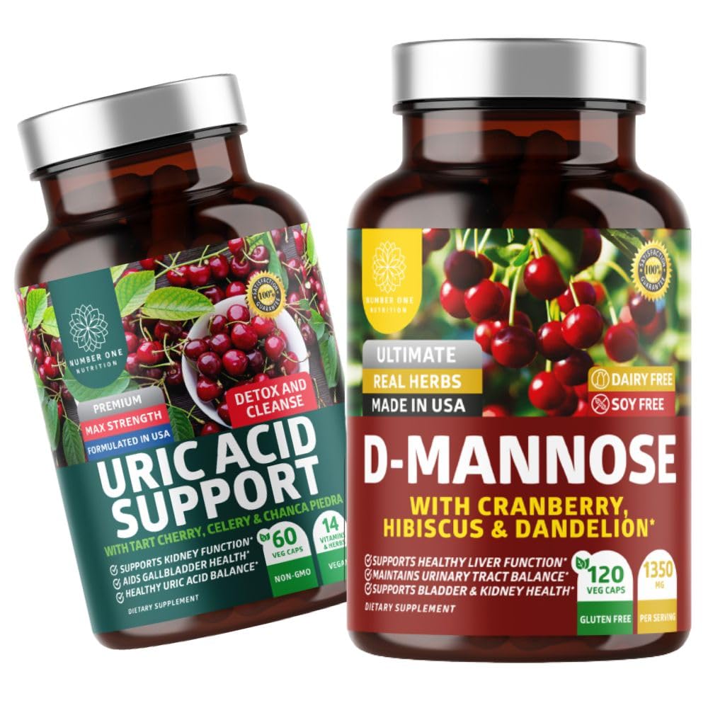 Number One Nutrition N1N Premium D-Mannose with Cranberry & Hibiscus [1350mg], 120 Kapsule, and Uric Acid Support with 14 Potent Herbs, 60 Kapsule, 2 Pack Bundle
