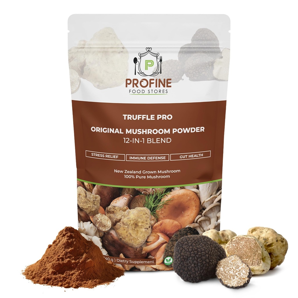 PROFINE hľuzovka PRO miešačka prášok 12-v - 1 Super zmes s čiernym hľuzovkou a bielym hľuzovkou - USDA Organic - doplnok - Pridať káva/tea/úhonky - celé huby - bez výplne