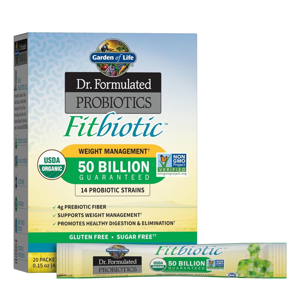 Garden of Life Dr. Formulated Probiotiká Fitbiotic Weight Management Powder, 50 miliárd CFU & Prebiotic Fiber, Organic & non-GMO Digestive Gut Health Probiotic Supplement, 20 Single Serving Pakets