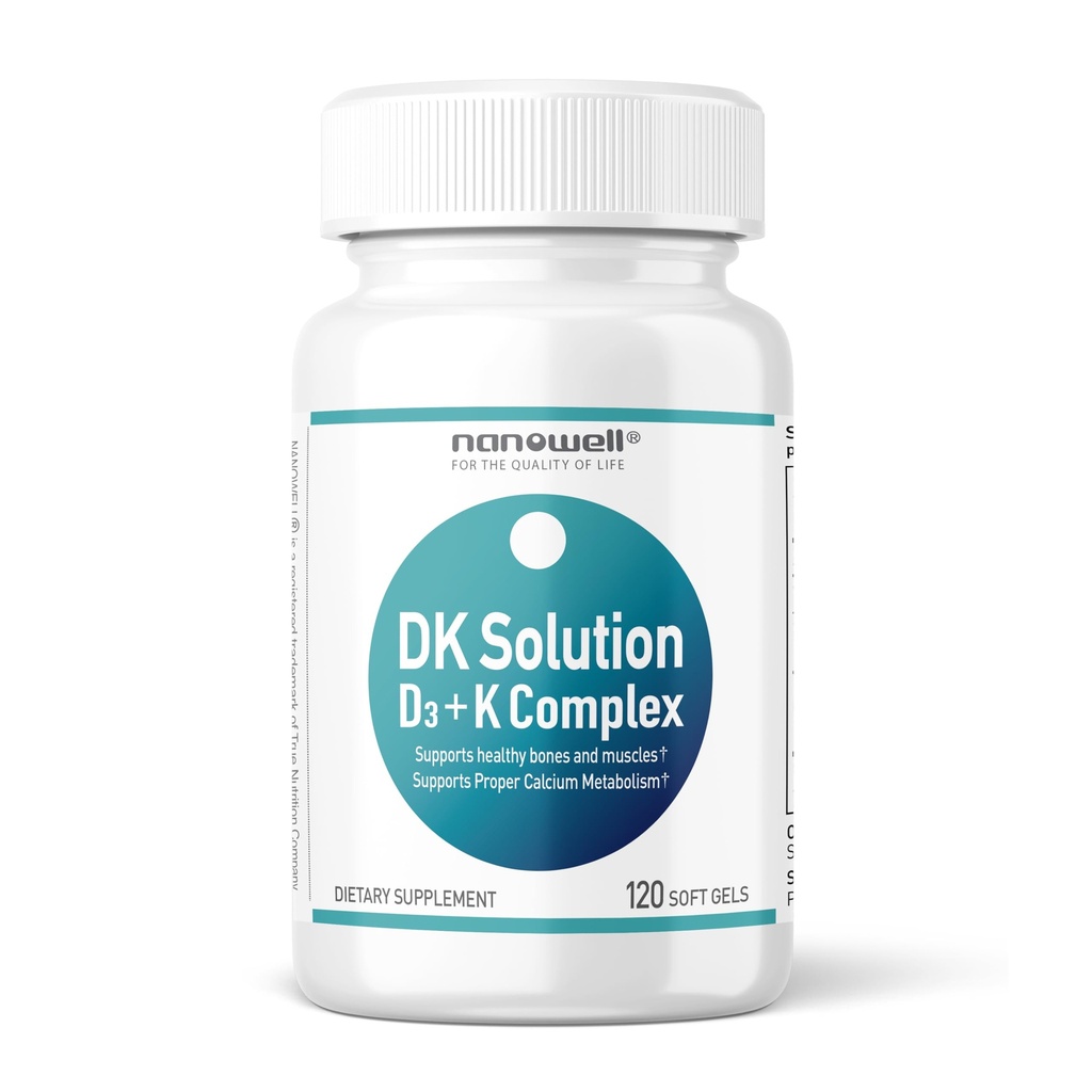 NANOWELL DK Solution Vitamín D3 2000 IU (50 μg) + K Complex - Dietary Supplement for Bone, Muscle and Immune Health Support - 120 Softgels, 120 Day Supply