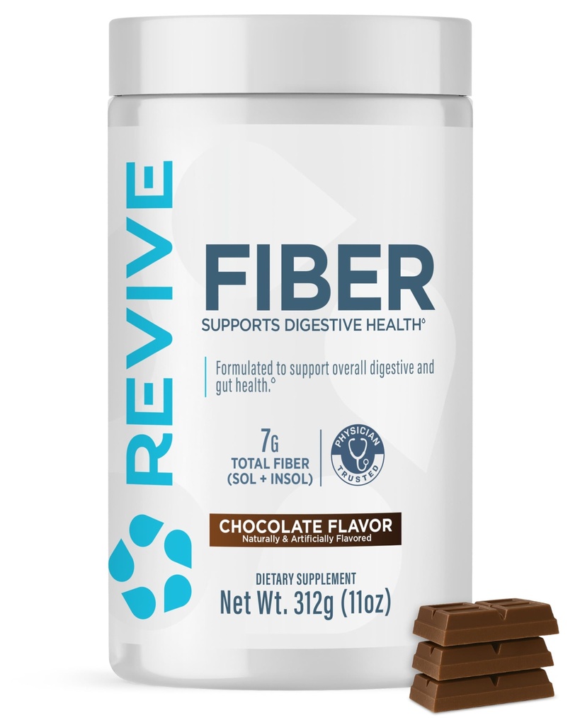 Revive MD Fiber Supplement for Digestive & Gut Health - 5g Dietary Fiber podporuje zdravý tráviaci systém s Psyllium Husk & More - 30 Servings, Čokoláda