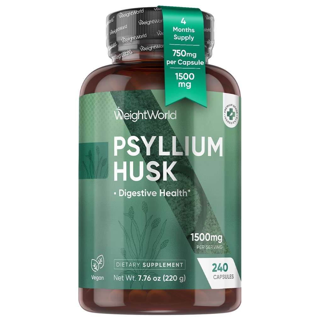 WeightWorld Psyllium Husk Kapsule 1500mg Per Serving, 240 Vegan Kapsule - 4 mesiace Zásoba - pre Tráviace zdravie - Denné Psyllium Husk Fiber Supplement - Non-GMO, GMP-Approved, & Allergen-Free