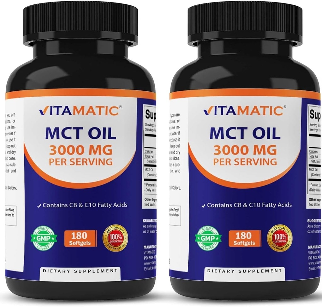 Vitamatic 2 Balenia MCT Olej Kapsule 3000 mg za obsluhu - 180 Softgels - z kokosového oleja - obsahuje 55% kyseliny kaprylovej C8 a 40% kyseliny kapricovej C10 (celkovo 360 Softgel)
