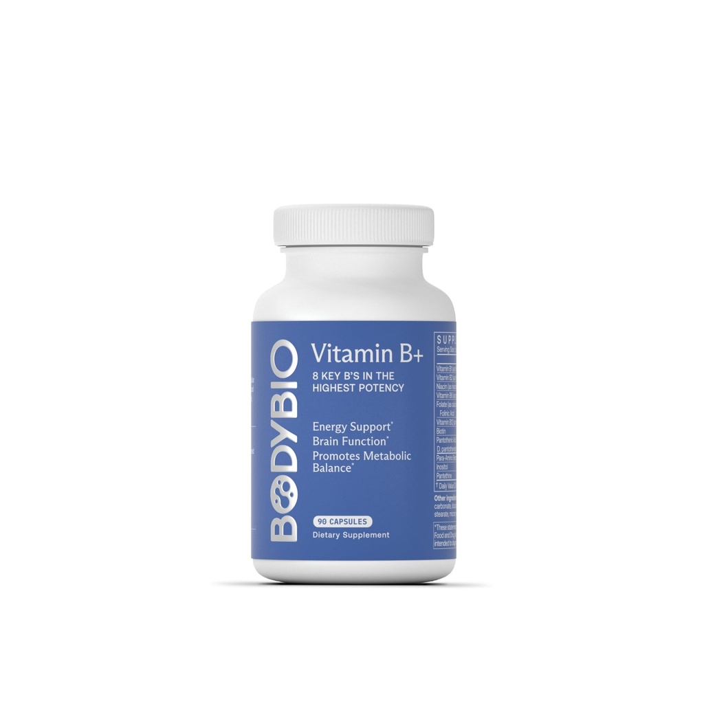 BodyBio - vitamín B komplex vrátane B1, B2, B3, B5, B6, metyl B12, kyselina folínová, 5- MTHF a B7 na podporu bdelosti, metabolizmu a imunitného systému, 90 kapsúl
