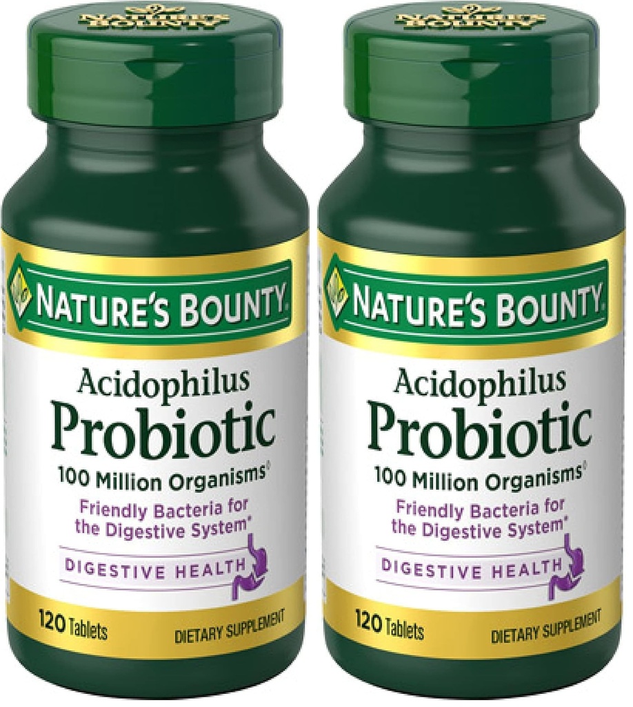 Nature's Bounty Lactobacillus Acidophilus Probiotic Supplement - Daily Probiotic for Women/Men Digestive Health, 100 million Organisms,Vegetarian,1 Serving per day,120 Tablets,(Pack of 2)
