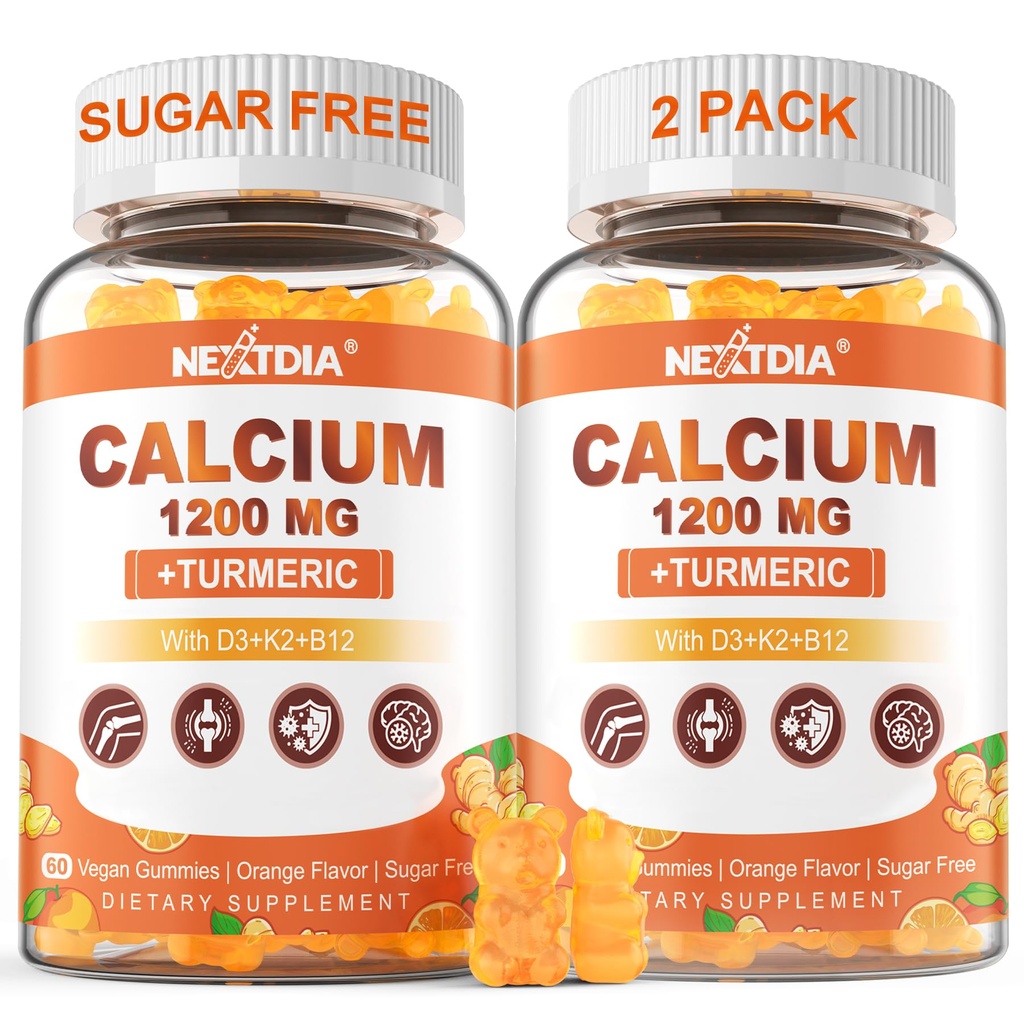 Vápnik 1200 mg s vitamínom D3 Gummy - Vápnik + kurkuma doplnok pre ženy a mužov s vitamínom K2 B12 - Podpora kostí a svalov - bez cukru - Vegan (120 počet)