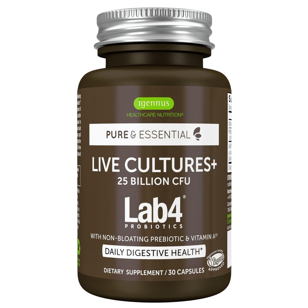 Igennus Probiotiká & Prebiotiká 2 v 1, Lactobacillus Acidophilus & Bifidobacterium, Gut Health Support, Live Cultures+ Lab4, Garantované 25 miliárd CFU, Ženy a muži, Nebloating, non-GMO, 30 kapsúl