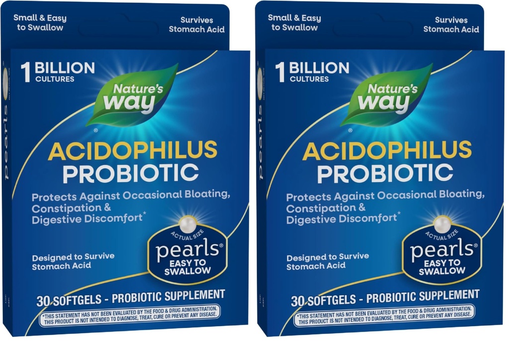 Acidophilus Probiotic Pearls,Supports Digestive Balance & Gut Health,Reduce Occasional Cconbace and Bloating*,1 Billion Cultures,30 Softgels,(Pack of 2)