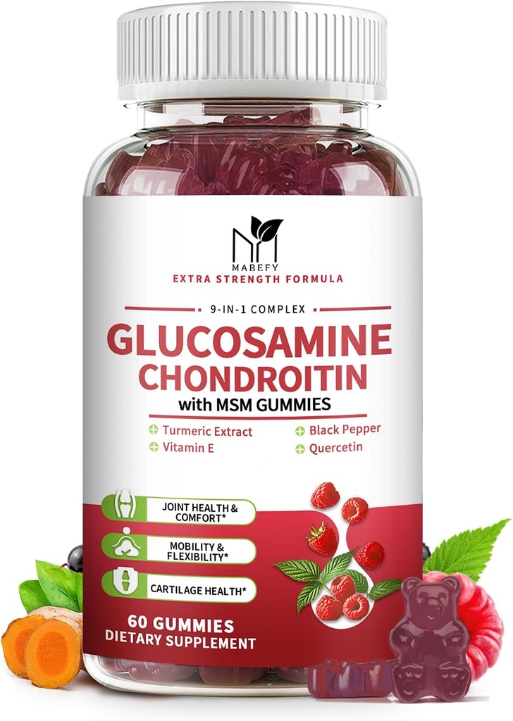 Glukozamín Chondroitín Gummies Triple Sila (1 000 mg Glukozamín,750mg Chondroitín) s MSM, Turmerica, Quercetin, Vitamín E, Joint Suplement, Antioxidant 60 Gummies Malinová príchuť