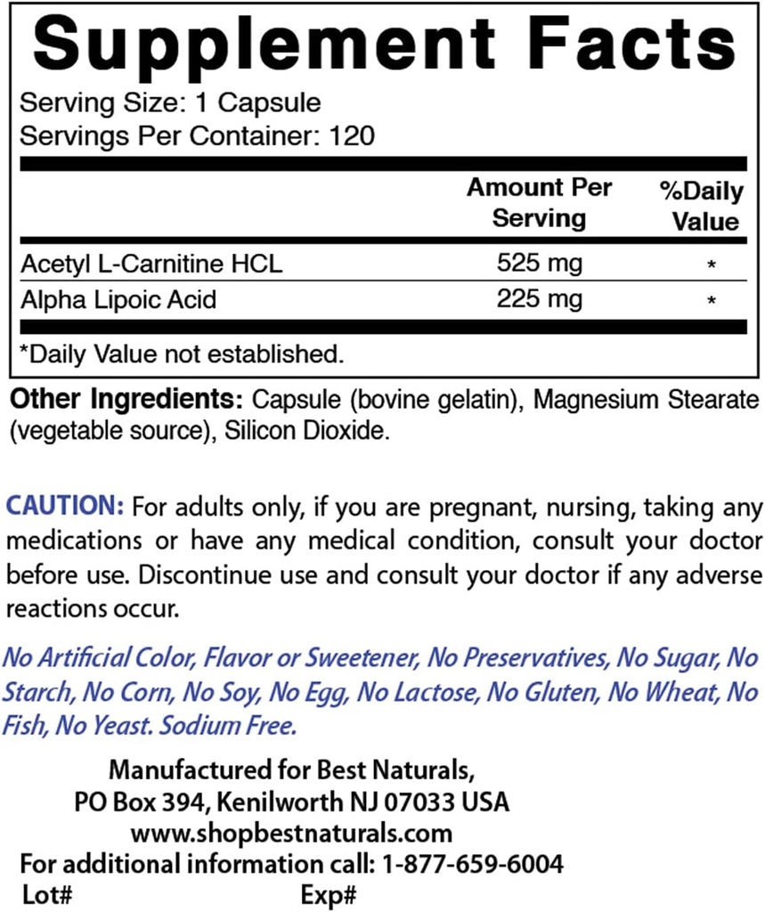 Najlepšie prírodné Acetyl L-karnitín a Alpha Kyselina lipoová 750 mg & Zinok Glukonát 50 mg