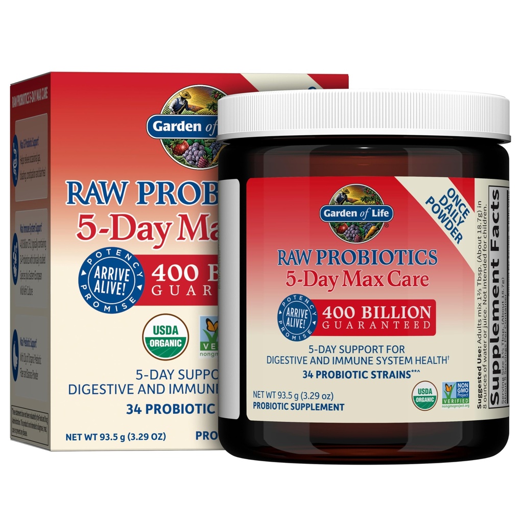Záhrada života Raw Probiotiká 5-Day Max Care - 400 miliárd CFU - Probiotický prášok na podporu trávenia a imunity - Banana, 5 Servisov