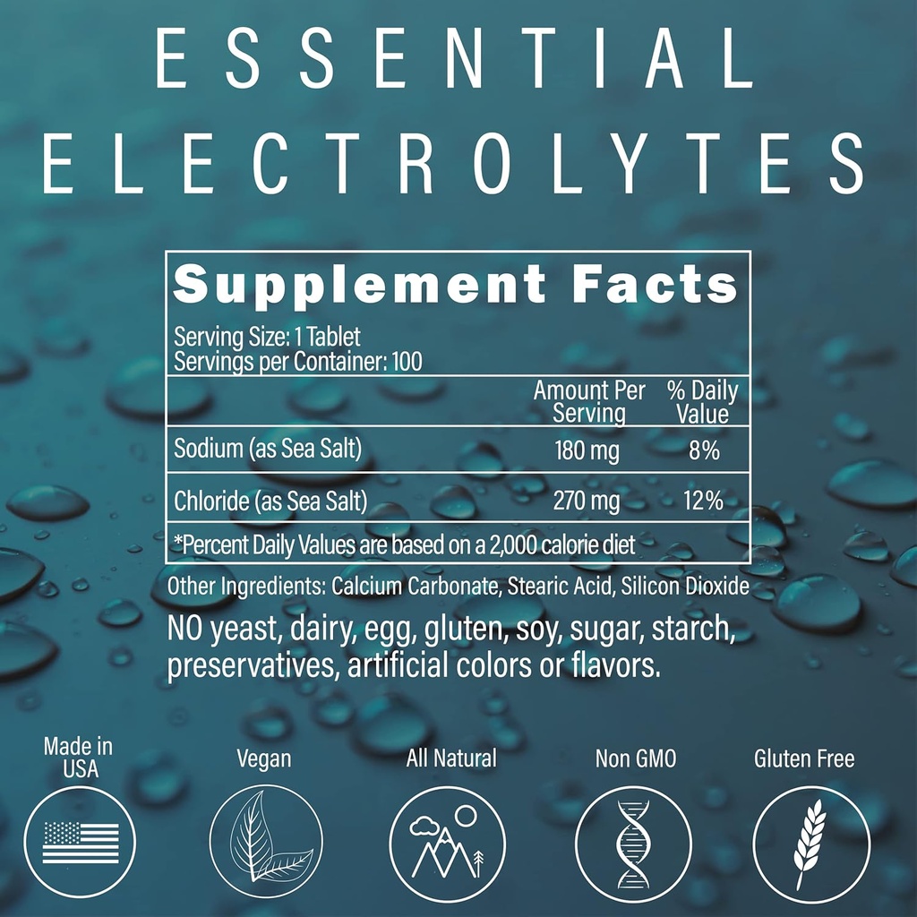 Peter's Choice Sea Salt Chlorid sodný 450mg, 100 Tablets, Electrolyte Support & Balance, Atletic Post Cvičenie Rehydratácia a zotavenie. Pomoc pri horúcom počasí. Vyrobené v USA