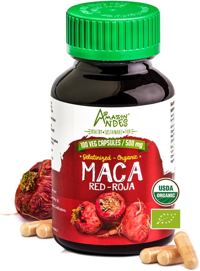 Amazon Andes Red maca Root Capsules - Ženské zdravotné doplnky - Natural Energizer - USDA NOP Certified - Genitalized, Non GMO & Gluten Free - 100 Vegan Pills (1500mg per Serving) - Made in Peru