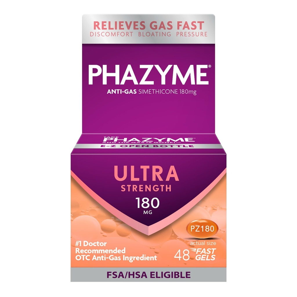 Phazyme Gas Relief, Ultra Strength Gas and Bloating Relief pre dospelých, 180 mg Simeticone Fast Gels, 48 gróf