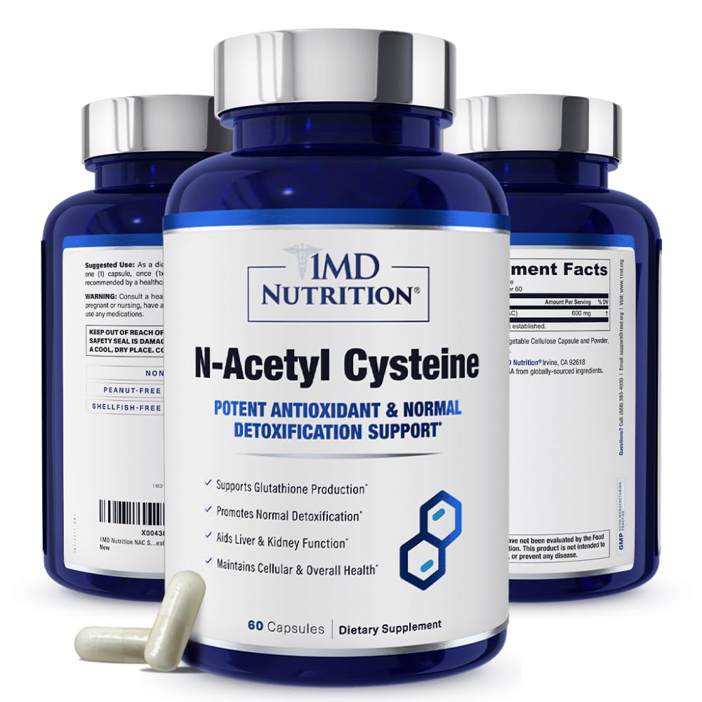 1MD Nutrition NAC Supplement N-Acetyl Cysteine - NAC 600 mg - Antioxidant Supports Detox and Glutatione Production - N Acetylcysteín Respiratory Supplement od Lung Health - 60 Kapsule